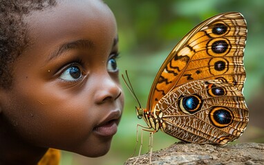 Close-up of a child gazing at a large butterfly.