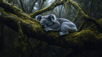 Fototapeta premium Sleeping koala on moss-covered tree branch in misty forest.