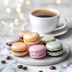 Obraz premium A delightful arrangement of colorful macarons beside a cup of coffee on a marble surface.