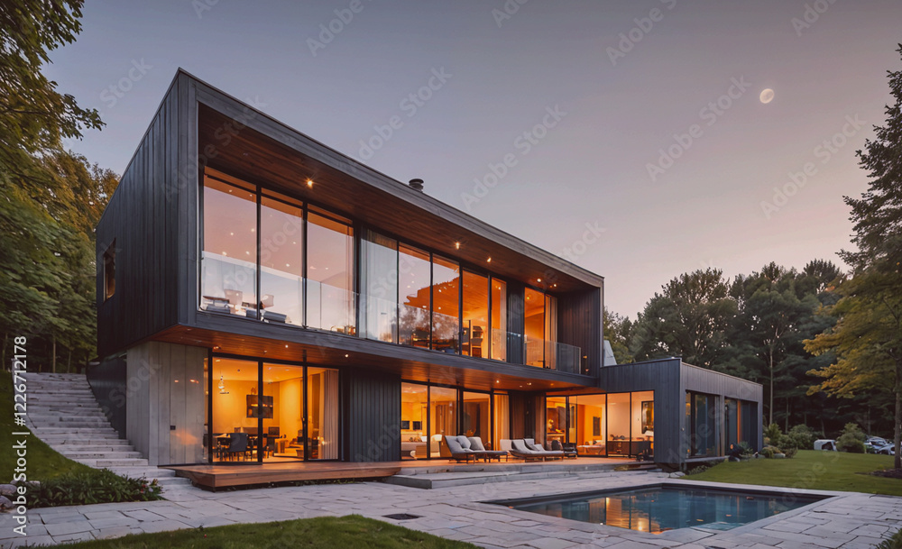 Poster a large house with a pool and a moon in the sky. the house is surrounded by trees and has a modern d
