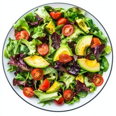 A colorful salad of mixed greens with avocado and cherry tomatoes, isolated white background, abstract art style