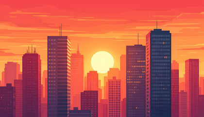 Pixel Art Cityscape at Sunset Orange and Red Buildings Silhouetted Against a Vibrant Sky