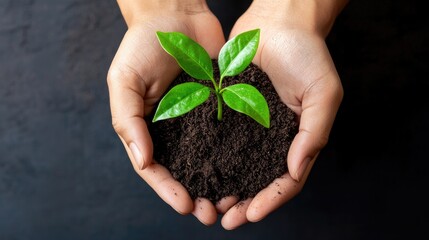 A pair of hands cradles a small green plant in soil, symbolizing growth and environmental care against a dark background.