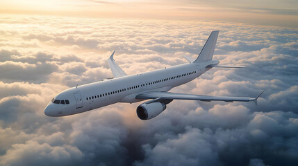 Obraz premium White Airplane Soaring Above Golden Hour Clouds