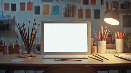 Bright Art Studio Workspace with Colorful Brushes and Warm Light