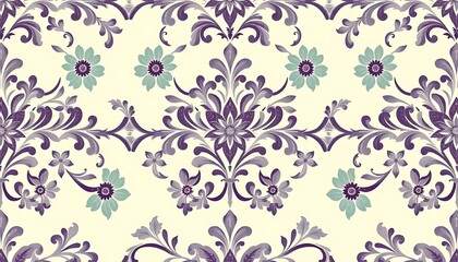Elegant Floral Damask Pattern with Purple and Green Flowers