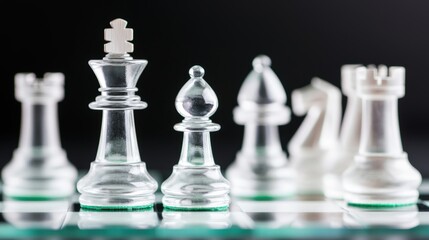 Trust confidence and transparency, A close-up of transparent chess pieces arranged on a board, showcasing their intricate design and elegant shapes against a dark background.