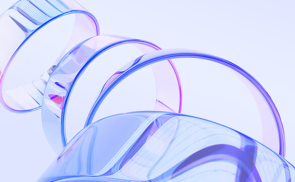 Abstract 3d background with liquid glass holographic transparent circle frames, rainbow color gradient, dispersion light. Iridescent crystal circular ring portal, dynamic tech banner. 3D illustration