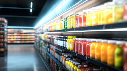 Supermarket Colorful Juice Bottles Drinks Grocery Store Shelf Food Shop Fresh Clean Retail Modern   