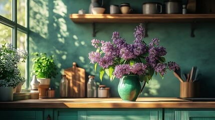 In the modern emerald kitchen, there is a bouquet of lilacs 