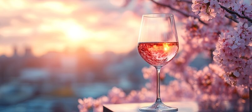 A glass of pink wine rests on a table at an outdoor café, with vibrant pink Sakura blossoms in full bloom against a cityscape backdrop, banner