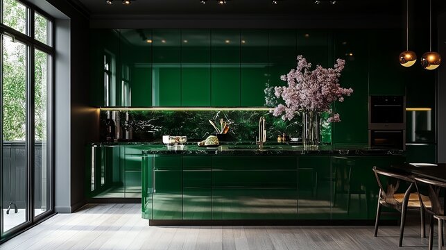 In the modern emerald kitchen, there is a bouquet of lilacs 