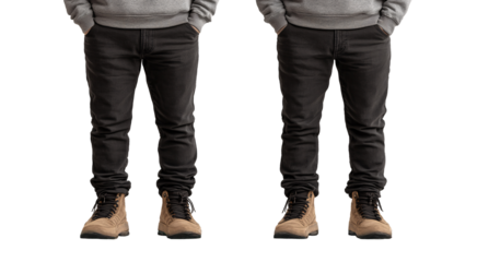 Two figures in identical outfits. They wear grey sweaters, black jeans, and tan boots. Studio shot.