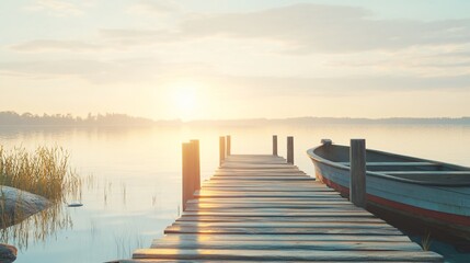 Fototapeta premium Wooden dock extends into calm lake at sunset with a boat gently moored to it