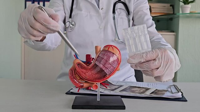 Doctor with stomach pancreas with probiotics. Useful substances for digestion. Taking care of digestion. Doctor's hands with intestines rich in probiotics