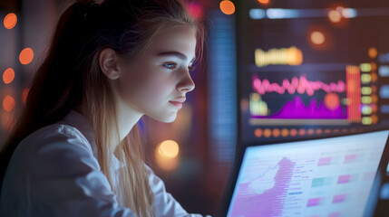 Focused young woman analyzing data on laptop screen with copy space