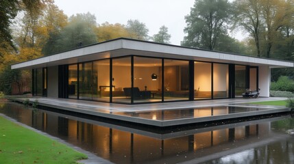 Fototapeta premium Modern house with flat roof and large windows surrounded by autumn trees