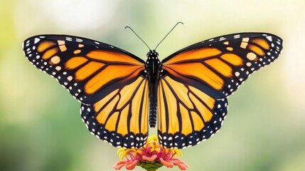 Fototapeta premium Close-up of a monarch butterfly with wings open, perched on a pink flower against a blurred green background.