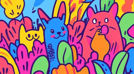 Naklejka premium Colorful Doodled Animals in Funny Poses Surrounded by Whimsical Flora and Background