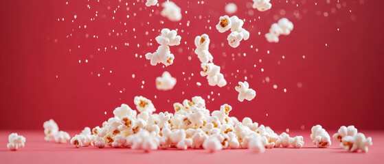 Falling popcorn creates playful scene against vibrant red background, evoking sense of fun and excitement. light sprinkle of salt adds delightful touch to this artistic display