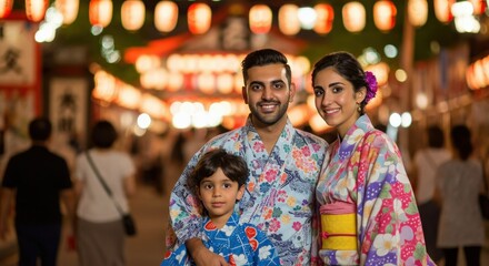 Naklejka premium Family enjoying a traditional japanese festival in vibrant yukata attire at night market