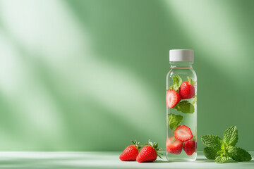 Refreshing strawberry mint infused water kitchen food photography bright green background aesthetic view hydration concept