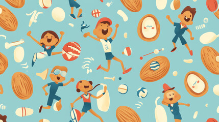 Cartoon almond nut characters seamless pattern. Fabric or wallpaper almond vector print, textile pattern with playing sport games, doing fitness, going on vacation almond nut cheerful personage