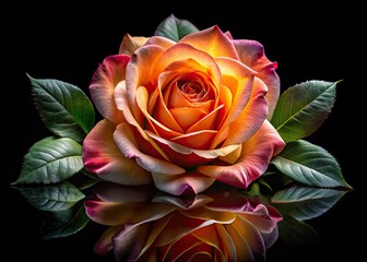 Double Exposure Peach Rose, Leaves, Black Background, AI Art, Photography