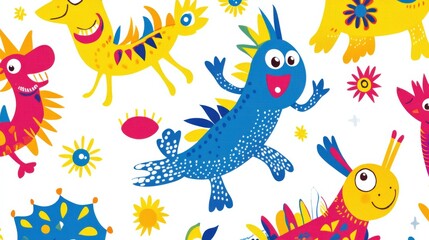 Obraz premium Whimsical Colorful Doodles of Animals in Funny Poses for a Lighthearted Background