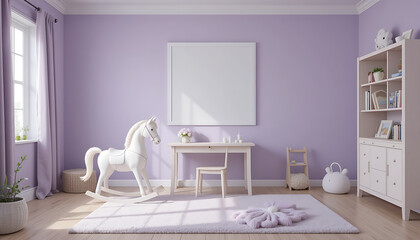 modern baby room with purple background and empty frame