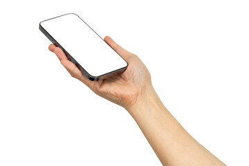 Asian woman holding smartphone in hand with blank screen isolated on white background with clipping path.