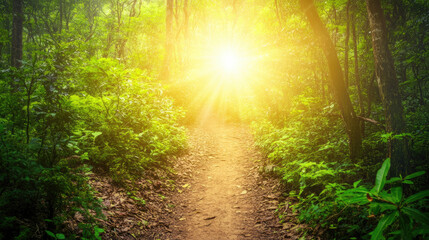 Sunlit forest with a winding path