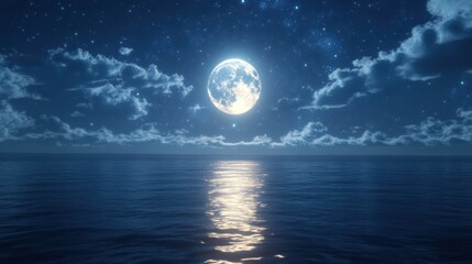 Full Moon over Serene Ocean at Night