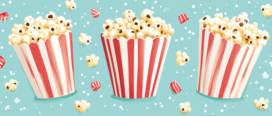 Colorful popcorn buckets filled with popcorn on pastel background create fun and playful atmosphere, perfect for movie nights or snack time