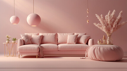 Modern minimalist home interior dominated by soft and bright pink.
