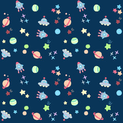 宇宙のかわいいイラストのシームレスパターン　手描きイラストの背景素材