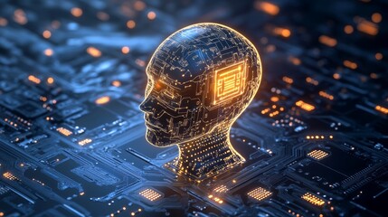 Bright AI chip glowing on a futuristic circuit board, highlighting tech advancements. 