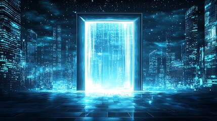 Obraz premium Futuristic portal city night digital backdrop