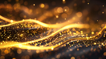 A mesmerizing display of golden waves and sparkling particles creating an ethereal atmosphere.
