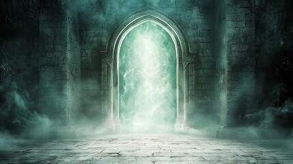 Mystical stone archway glowing, foggy ruins, fantasy game background