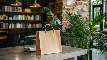 Brown paper shopping bag on a table in a stylish bookstore with plants and bookshelves