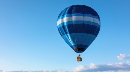 Fototapeta premium Trust confidence and transparency, A vibrant blue hot air balloon floats gracefully against a clear sky, showcasing its colorful stripes and inviting adventure.