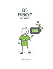 Activities for environmental protection. Vector cartoon sketch of human, who charges green battery. Alternative green energy resources. Actions to protect nature.