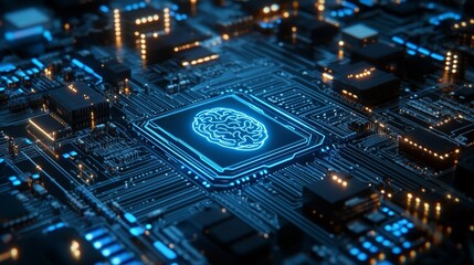 Circuit board design featuring a glowing AI brain, sleek blue tech visualization. 
