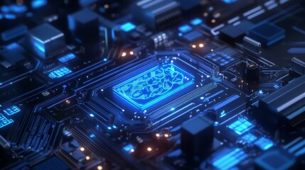 Circuit board design featuring a glowing AI brain, sleek blue tech visualization. 