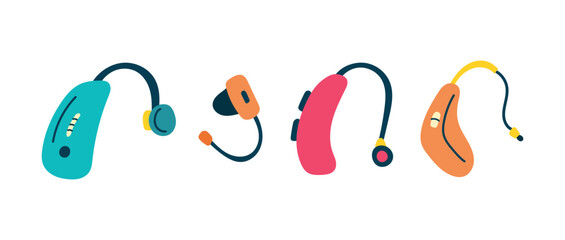 Set of special devices for people with hearing impairments. Hearing aids, batteries, earmolds and etc.