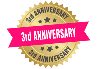 3rd anniversary. 3rd anniversary round pink and gold label isolated on transparent background