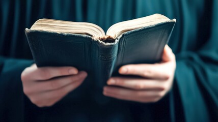A person holding an open book, possibly a religious text, showcasing the pages and leather cover, with a focus on the hands and fabric of the clothing.