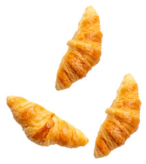Top view set of three brown or golden croissants isolated with clipping path in png file format