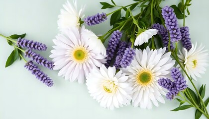 White daisies and purple flowers arranged beautifully